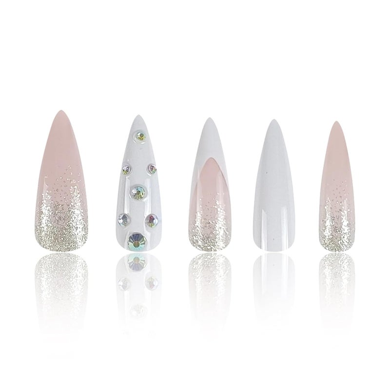 SINHOT Rhinestones Long Stiletto Fake Nails - Glossy Glue on White French Tip Acrylic Pink Almond Artificial Sparkly Glitter Stick on False Nails with Design 24 pcs - Image 2